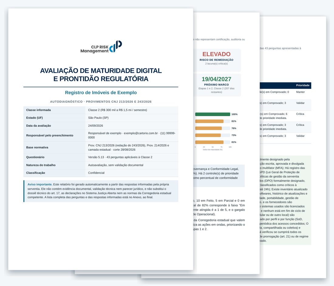 Páginas do relatório em PDF: capa, painel executivo e perfil por etapa